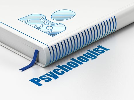 Health concept: closed book with Blue Doctor icon and text Psychologist on floor, white background, 3D rendering