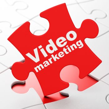 Advertising concept: Video Marketing on Red puzzle pieces background, 3D rendering