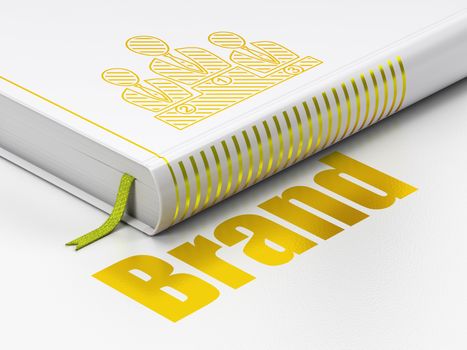 Marketing concept: closed book with Gold Business Team icon and text Brand on floor, white background, 3D rendering