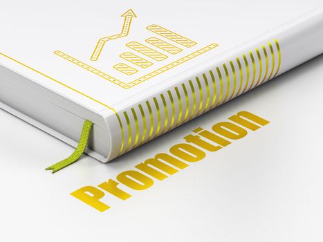 Marketing concept: closed book with Gold Growth Graph icon and text Promotion on floor, white background, 3D rendering
