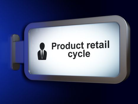 Advertising concept: Product retail Cycle and Business Man on advertising billboard background, 3D rendering