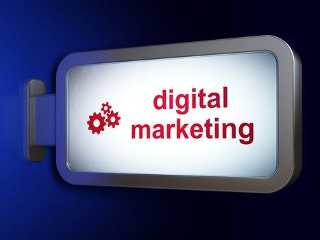 Marketing concept: Digital Marketing and Gears on advertising billboard background, 3D rendering