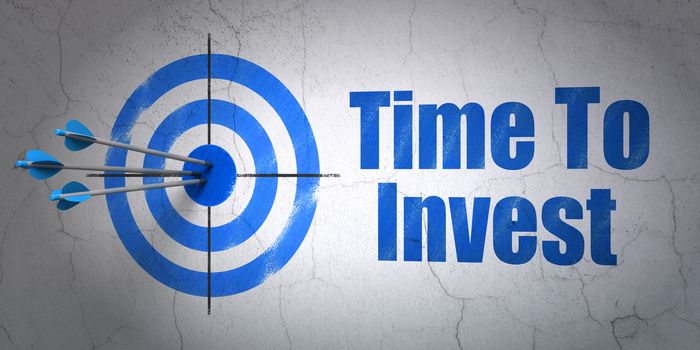 Success timeline concept: arrows hitting the center of target, Blue Time To Invest on wall background, 3D rendering