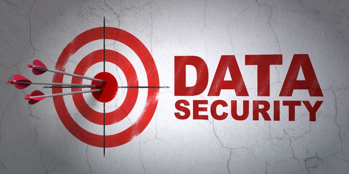 Success safety concept: arrows hitting the center of target, Red Data Security on wall background, 3D rendering