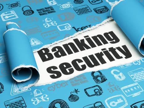 Security concept: black text Banking Security under the curled piece of Blue torn paper with  Hand Drawn Security Icons, 3D rendering