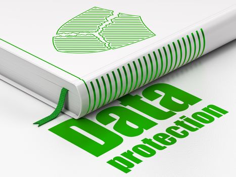 Protection concept: closed book with Green Broken Shield icon and text Data Protection on floor, white background, 3D rendering