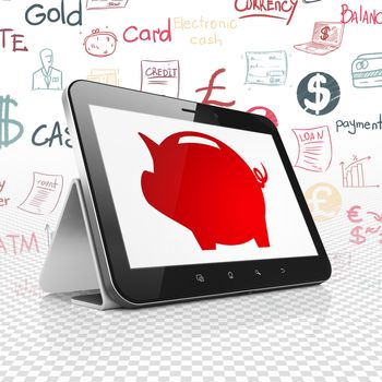 Banking concept: Tablet Computer with  red Money Box icon on display,  Hand Drawn Finance Icons background, 3D rendering