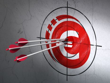 Success banking concept: arrows hitting the center of Red Euro Coin target on wall background, 3D rendering