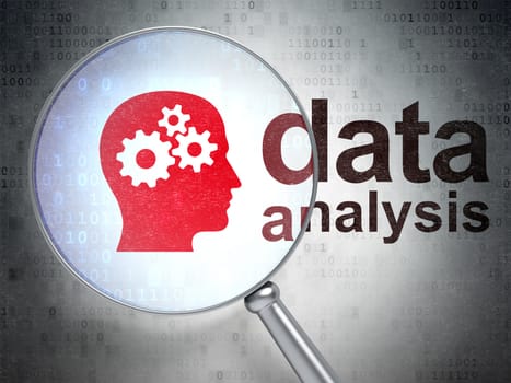 Information concept: magnifying optical glass with Head With Gears icon and Data Analysis word on digital background, 3D rendering