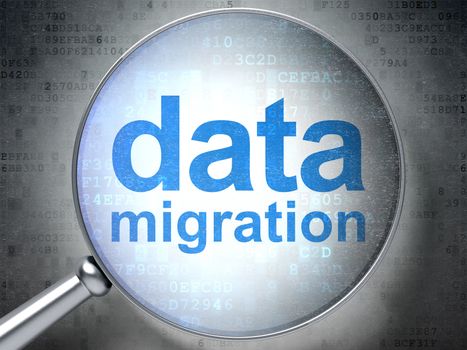 Information concept: magnifying optical glass with words Data Migration on digital background, 3D rendering