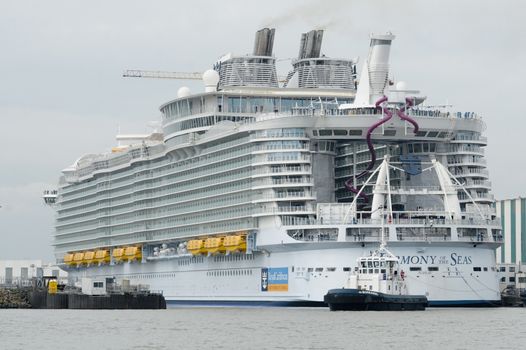 FRANCE, Saint-Nazaire: The Harmony of the Seas cruise ship leaves the STX shipyard of Saint-Nazaire, western France, for its second sea trial, on April 21, 2016. With a capacity of 6.296 passengers and 2.384 crew members, the Harmony of the Seas, built by STX France for the Royal Caribbean International, is the world's largest ship cruise.