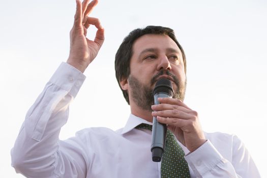 ITALY, Rome: Matteo Salvini, member of European Parliament and leader of Lega Nord, addresses supporters in Rome on April 21, 2016 at a campaign rally for Giorgia Meloni, who is running for Mayor of Rome.