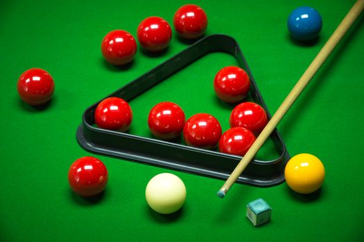 snooker balls set on a green table