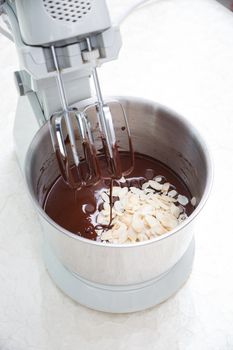 preparing brownie dough with dough mixer