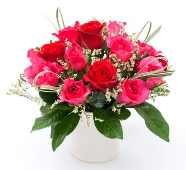 red and pink rose in white vase