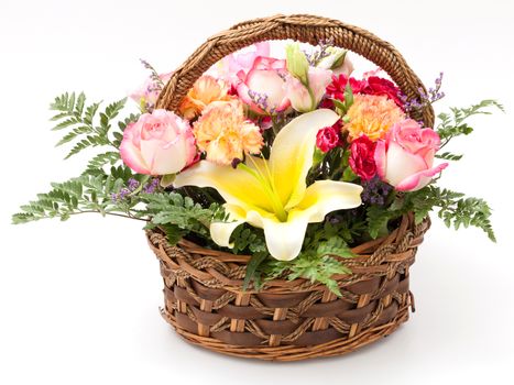 various flower in basket on white background