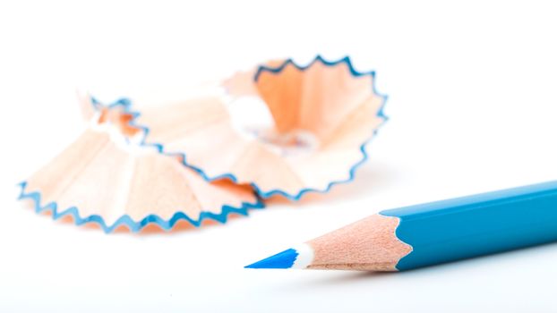 tip point of blue pencils and shavings from sharpening on white background