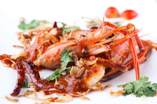 fried prawn with tamarine sauce on white plate