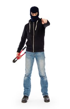 Robber with red bolt cutters, isolated on white