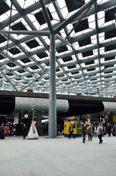 The Hague, Netherlands - May 8, 2015: Travelers at central Station of The Hague, Netherlands on May 8, 2015. The station is the largest railway station in The Hague.