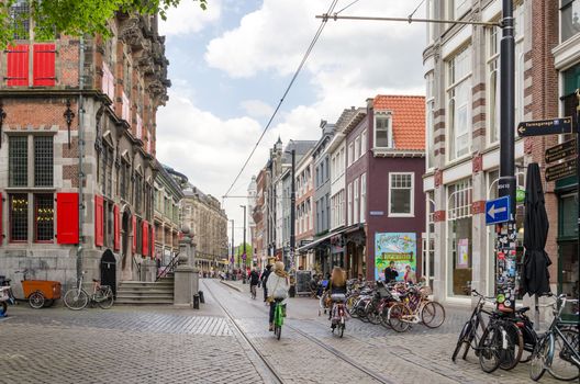 The Hague, Netherlands - May 8, 2015: People on venestraat shopping street in The Hague, Netherlands. on  May 8, 2015. The Hague is the capital city of the province of South Netherlands. With a population of 515,880 inhabitants.