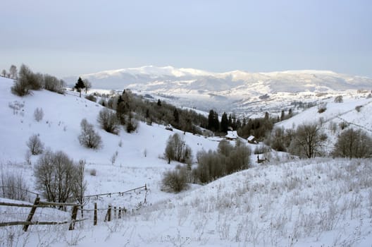 Carpathian mountain valley covered with fresh snow. Majestic landscape. Ukraine, Europe