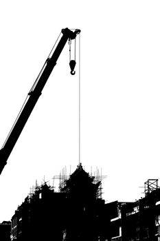 Silhouette construction site with crane.Black and white style.