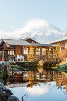 Fuji mountain view from Oshino Hakkai and reflect in water.