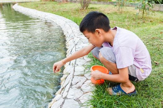 Young Thai boy feeding fish in pond.