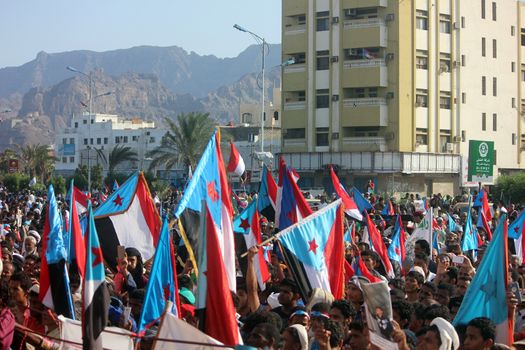 YEMEN, Aden: Yemeni demonstrators take part in a protest to demand the secession of the south from the rest pf the country on April 17, 2016. The protesters are demanding the return of the one-time independent state of South Yemen.