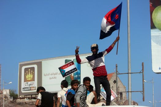 YEMEN, Aden: Yemeni demonstrators take part in a protest to demand the secession of the south from the rest pf the country on April 17, 2016. The protesters are demanding the return of the one-time independent state of South Yemen.