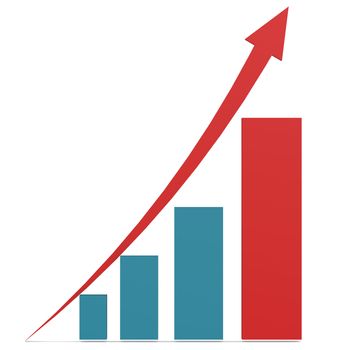 Red arrow and blue bar chart image with hi-res rendered artwork that could be used for any graphic design.