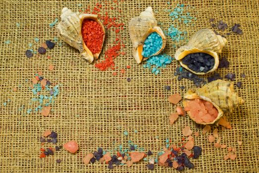 Sea salt for bath in shells on a background of a sacking