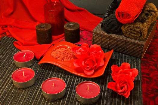 Spa still life of a candles, soap, bath salt, towels