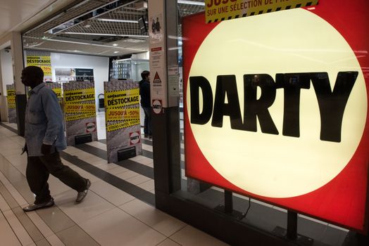 FRANCE, Paris: A picture is taken of a Darty store on April 22, 2016 as the battle for Europe's third-largest electrical goods retailer Darty intensifies as Conforama, owned by South African retail giant Steinhoff and French rival Fnac frantically tried to outbid each other. Five new offers in less than 24 hours on April 21, 2016 lifted Darty shares by more than 23 percent to their highest level since the end of 2010, valuing it at GBP 779 million (USD 1.1 billion, 990 million euros).