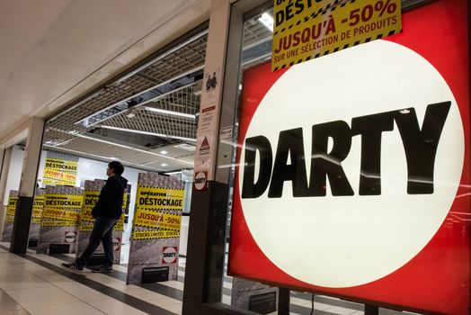 FRANCE, Paris: A picture is taken of a Darty store on April 22, 2016 as the battle for Europe's third-largest electrical goods retailer Darty intensifies as Conforama, owned by South African retail giant Steinhoff and French rival Fnac frantically tried to outbid each other. Five new offers in less than 24 hours on April 21, 2016 lifted Darty shares by more than 23 percent to their highest level since the end of 2010, valuing it at GBP 779 million (USD 1.1 billion, 990 million euros).