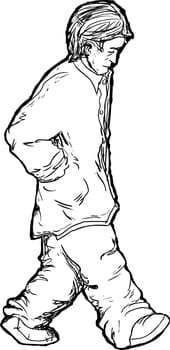 Outline of Caucasian man with hands in pockets walking alone