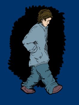Freehand illustration of a depressed adult male walking alone