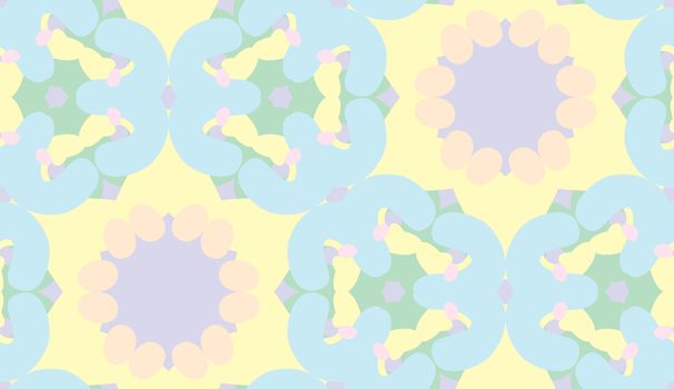 Seamless pattern of yellow and blue geometric kaleidoscope shapes