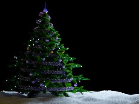 Christmas tree with decorations and snow on isolate black background.