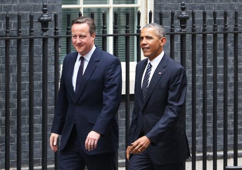 UNITED-KINGDOM, London: President Barack Obama (R) greets British Prime Minister David Cameron (L) as they meet at Downing Street on April 22, 2016 in London, United-Kingdom. The President and his wife are currently on a brief visit to the UK where they will have lunch with HM Queen Elizabeth II at Windsor Castle and dinner with Prince William and his wife Catherine, Duchess of Cambridge at Kensington Palace. 