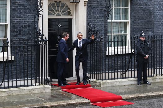 UNITED-KINGDOM, London: President Barack Obama (R) greets British Prime Minister David Cameron (L) as they meet at Downing Street on April 22, 2016 in London, United-Kingdom. The President and his wife are currently on a brief visit to the UK where they will have lunch with HM Queen Elizabeth II at Windsor Castle and dinner with Prince William and his wife Catherine, Duchess of Cambridge at Kensington Palace. 