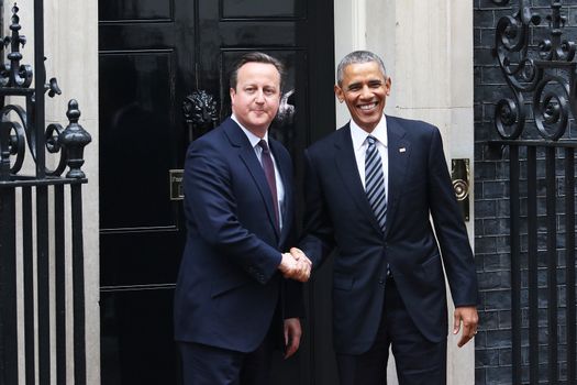 UNITED-KINGDOM, London: President Barack Obama (R) and British Prime Minister David Cameron (L) shake hands as they meet at Downing Street on April 22, 2016 in London, United-Kingdom. The President and his wife are currently on a brief visit to the UK where they will have lunch with HM Queen Elizabeth II at Windsor Castle and dinner with Prince William and his wife Catherine, Duchess of Cambridge at Kensington Palace. 