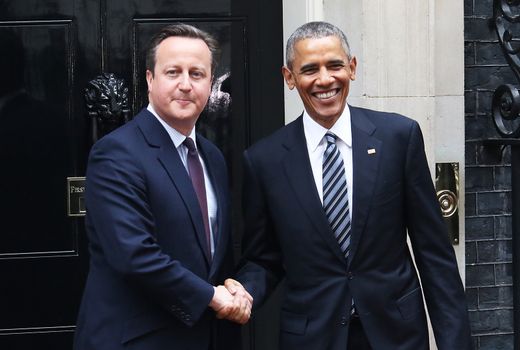 UNITED-KINGDOM, London: President Barack Obama (R) and British Prime Minister David Cameron (L) shake hands as they meet at Downing Street on April 22, 2016 in London, United-Kingdom. The President and his wife are currently on a brief visit to the UK where they will have lunch with HM Queen Elizabeth II at Windsor Castle and dinner with Prince William and his wife Catherine, Duchess of Cambridge at Kensington Palace. 