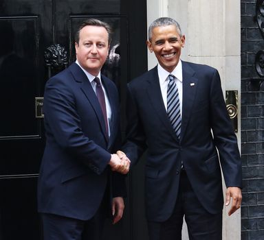 UNITED-KINGDOM, London: President Barack Obama (R) and British Prime Minister David Cameron (L) shake hands as they meet at Downing Street on April 22, 2016 in London, United-Kingdom. The President and his wife are currently on a brief visit to the UK where they will have lunch with HM Queen Elizabeth II at Windsor Castle and dinner with Prince William and his wife Catherine, Duchess of Cambridge at Kensington Palace. 