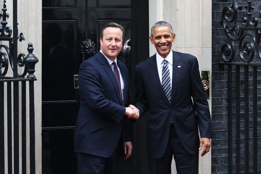 UNITED-KINGDOM, London: President Barack Obama (R) and British Prime Minister David Cameron (L) shake hands as they meet at Downing Street on April 22, 2016 in London, United-Kingdom. The President and his wife are currently on a brief visit to the UK where they will have lunch with HM Queen Elizabeth II at Windsor Castle and dinner with Prince William and his wife Catherine, Duchess of Cambridge at Kensington Palace. 
