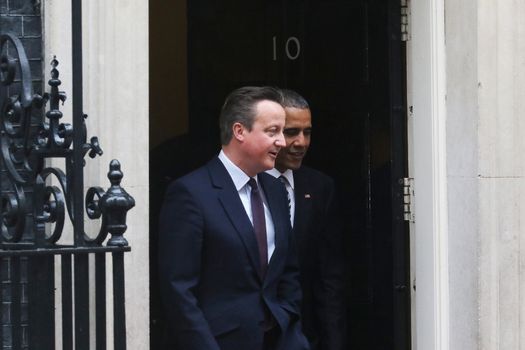 UNITED-KINGDOM, London: President Barack Obama (R) and British Prime Minister David Cameron (L) meet at Downing Street on April 22, 2016 in London, United-Kingdom. The President and his wife are currently on a brief visit to the UK where they will have lunch with HM Queen Elizabeth II at Windsor Castle and dinner with Prince William and his wife Catherine, Duchess of Cambridge at Kensington Palace. 