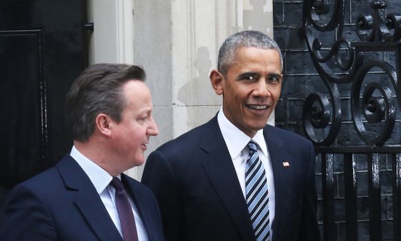 UNITED-KINGDOM, London: President Barack Obama (R) and British Prime Minister David Cameron (L) meet at Downing Street on April 22, 2016 in London, United-Kingdom. The President and his wife are currently on a brief visit to the UK where they will have lunch with HM Queen Elizabeth II at Windsor Castle and dinner with Prince William and his wife Catherine, Duchess of Cambridge at Kensington Palace. 