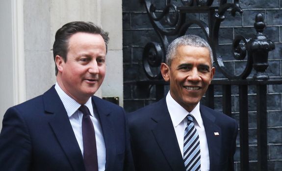 UNITED-KINGDOM, London: President Barack Obama (R) and British Prime Minister David Cameron (L) meet at Downing Street on April 22, 2016 in London, United-Kingdom. The President and his wife are currently on a brief visit to the UK where they will have lunch with HM Queen Elizabeth II at Windsor Castle and dinner with Prince William and his wife Catherine, Duchess of Cambridge at Kensington Palace. 
