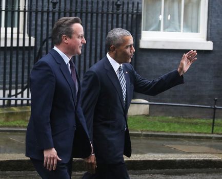 UNITED-KINGDOM, London: President Barack Obama (R) and British Prime Minister David Cameron (L) meet at Downing Street on April 22, 2016 in London, United-Kingdom. The President and his wife are currently on a brief visit to the UK where they will have lunch with HM Queen Elizabeth II at Windsor Castle and dinner with Prince William and his wife Catherine, Duchess of Cambridge at Kensington Palace. 